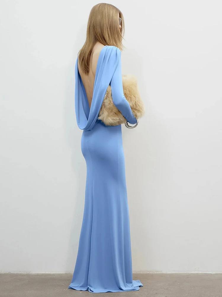 

Gala Elegant Luxury Draped-Detailed Light Blue Backless Long Sleeves Maxi Dress Party Evening Sexy Gown