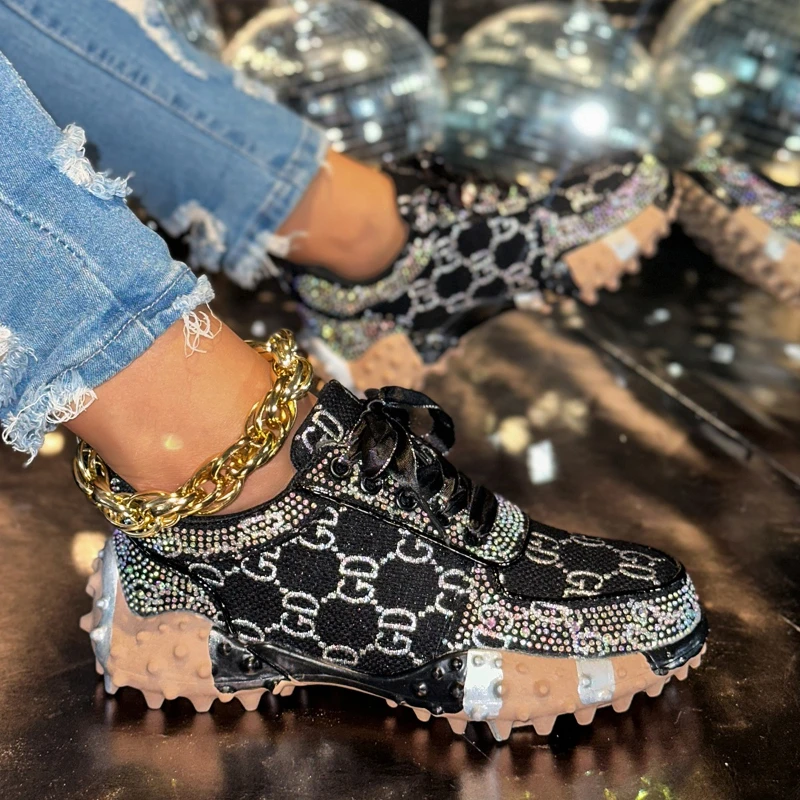 High-quality Thick-soled, Color-blocked Rhinestone, Fashionable, Versatile, Comfortable, Anti-slip and Breathable Women's Shoes