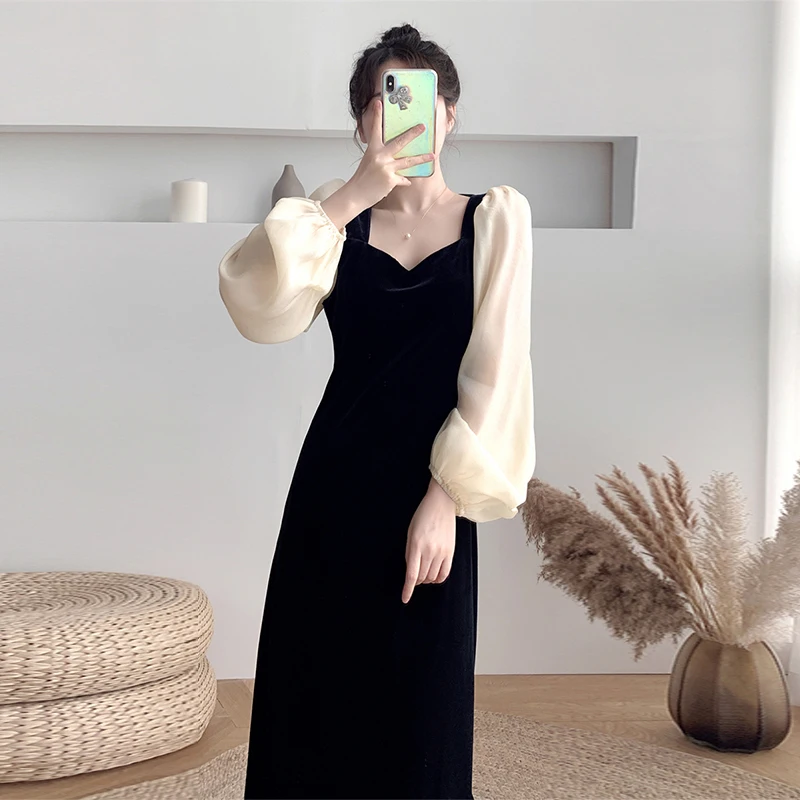 Women Velet Dresses Retro Autumn Winter Hepburn Style Elegant Long Dress