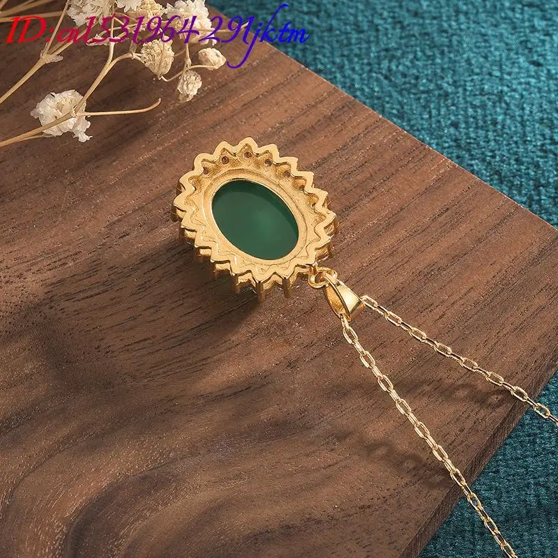 Green Natural Jade Pendant Necklace Carved Gemstone 18K Gold Plated Real Jewelry Vintage Amulet Stone Designer Charm view 4