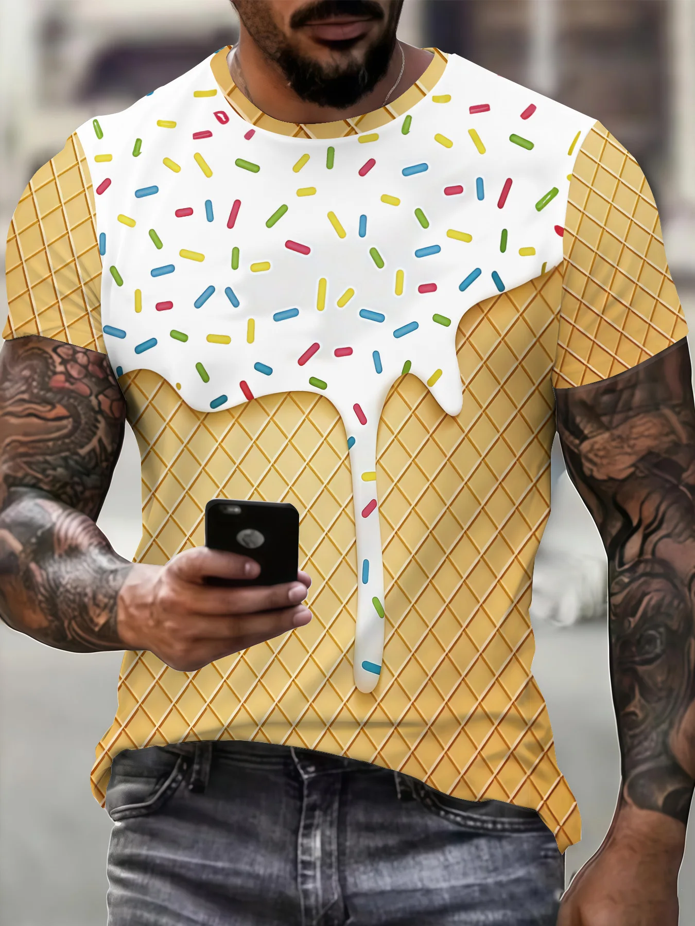Men's Waffle Ice Cream Sprinkles Drip Print T-Shirt Crew Neck Short Sleeve Funny Food Casual Graphic Tee Tops