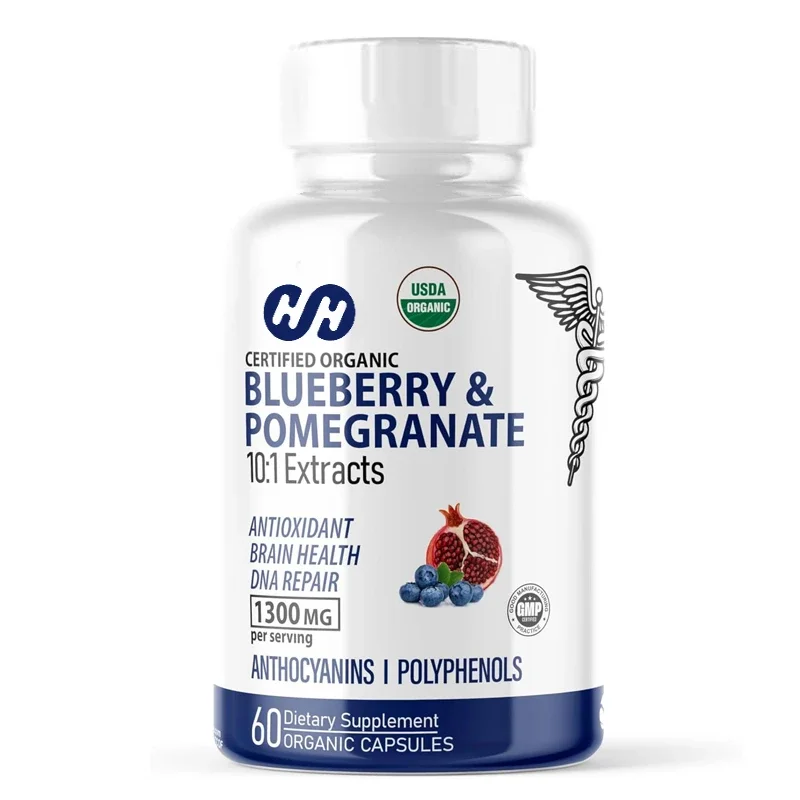 

Organic Blueberry Pomegranate Supplement 1300mg 10:1 Pomegranate Extract 60 Blueberry Supplement Capsules