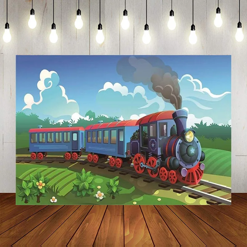 Train Theme Backdrop Children Birthday Party Decor Cartoon Train Driving Photography Background Props Photo Banner Background