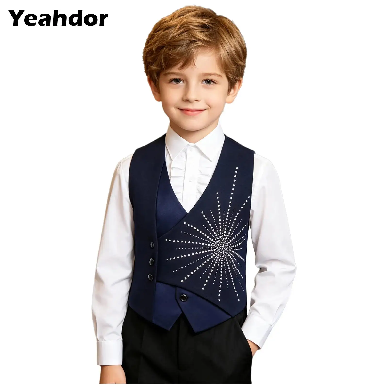 

Kids Boys Gentleman Formal Vest Rhinestones Asymmetrical Waistcoat Sparkly Birthday Party Tank Top Wedding Vest