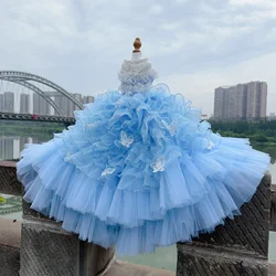Original Luxury Pet Dog Clothes Pure Handmade Fine Flower Butterfly Pearl Embroidery Long Tail Lace Dresses For Small Medium Dog