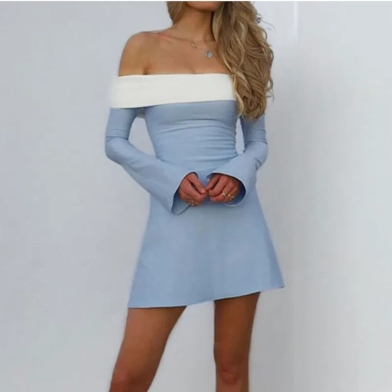 2026 Spring Summer New Women's Fashion Sexy Long-sleeve Off-shoulder Contrasting Mini Dresses For Women Elegant Dress Party
