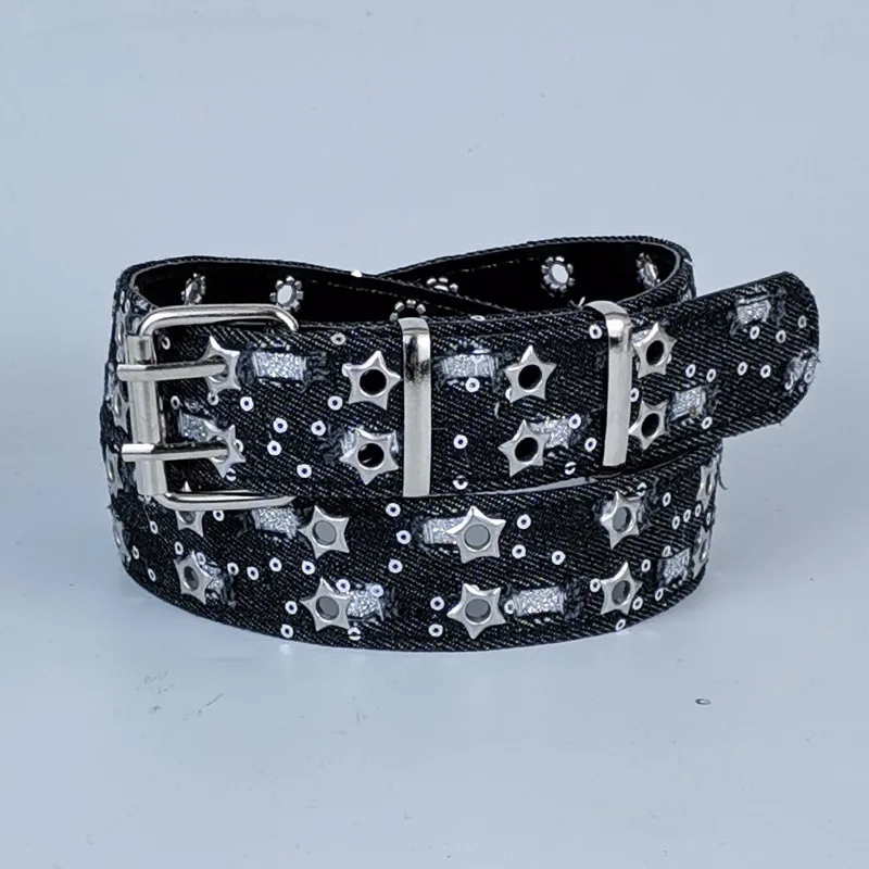 Popular Girls Blue Denim Belt New Summer All Women 2025 Jeans Student Korean Style Casual Fashion Black Fabric Hole