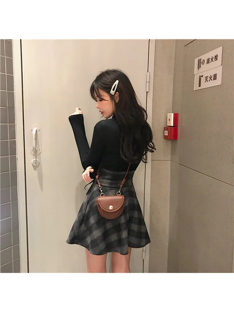 Women Plaid Mini Skirt Y2k Dark Grey A-Line Skirts Harajuku Korean Vintage 90s Lace-up High Waist Skirt Emo 2000s Trashy Clothes