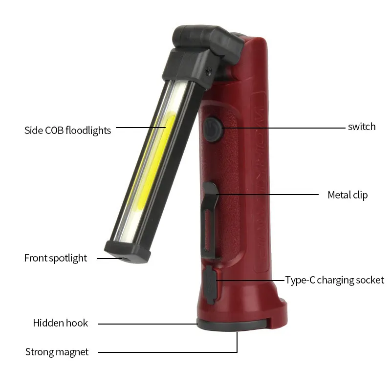 Portable COB Work Light 180° Folding Flashlight USB Rechargeable Camping Emergency Repair Spotlight With Hanging Hook Magnetic