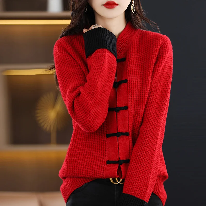 Autumn and winter new 100% pure wool contrast knitted national style disc button cardigan stand collar versatile fashion women's