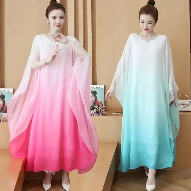 

Women Summer Dress Gradual Change Color Loose Vintage Dress Fashion Ladies Double-layer Pendulum Mid Long Dress Women's Clothing