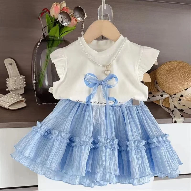 

New Girls' Summer Set 2024 New Fashion Bow Flying Sleeve T-Shirt Cake Dress Two-piece Set For Children 90-140CM Kids Outfits ﻿