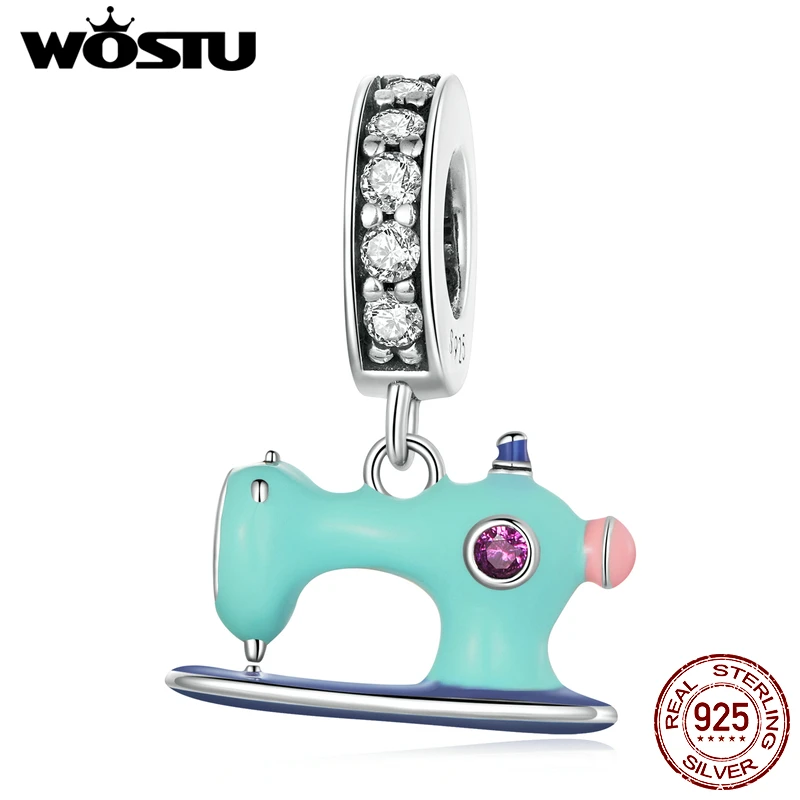 WOSTU 925 Sterling Silver Colorful Sewing Machine Charm Bead Pendant Fit Original Bracelet Necklace For Women Jewelry CQC2224