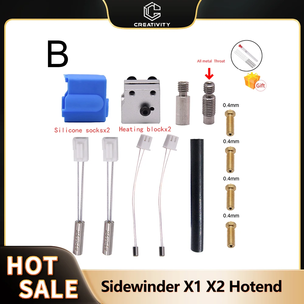 Sidewinder X1 X2 & Genius Pro Original Silicone Nozzle Volcano Hotend Kit Heater Cartridge Thermistor Metal Titan Extruder Arm