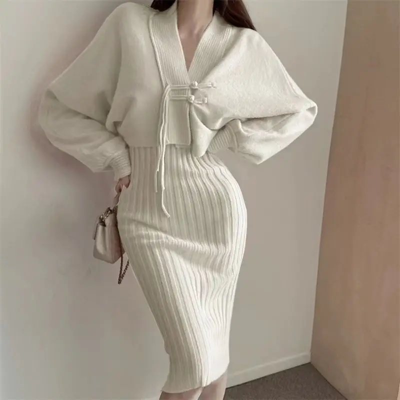 Autumn and winter knitting suit women\'s short sweater shawl coat suspender dress two-piece set