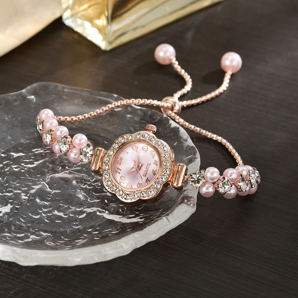 Free pull-out women's bracelet watch, fashionable color pearl studded diamond temperament quartz women's watch image 4