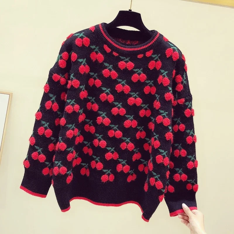 2024 Autumn and Winter New Retro Cherry Jacquard Round Neck Pullover Sweaters Women Loose Knitwear Long Sleeve Padded Sweater