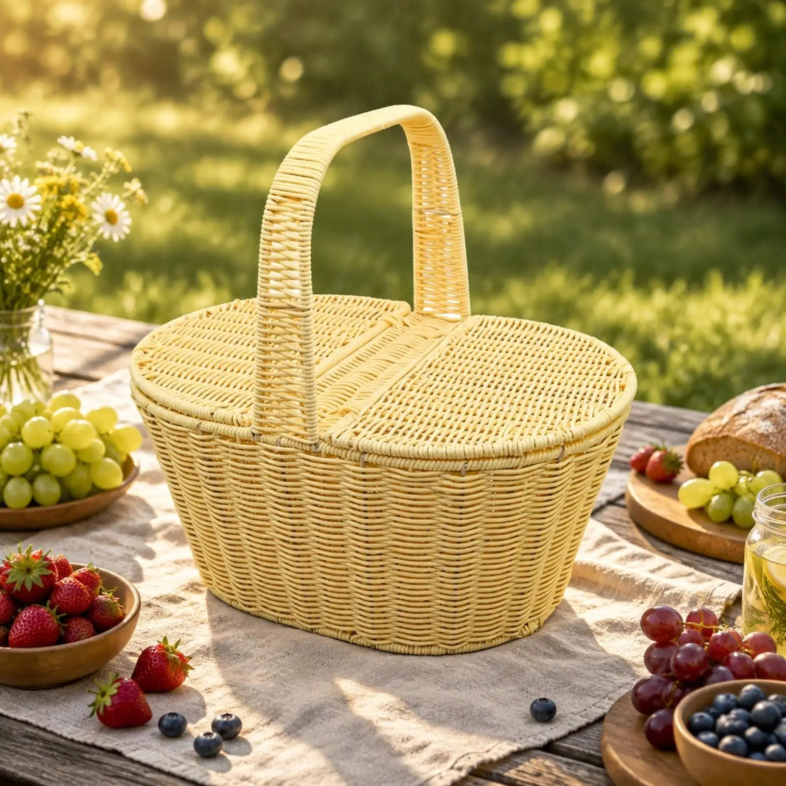 Lightweight Handwoven Basket with Two Section Lid for Garden Picnic Outdoor Carry Storage Use