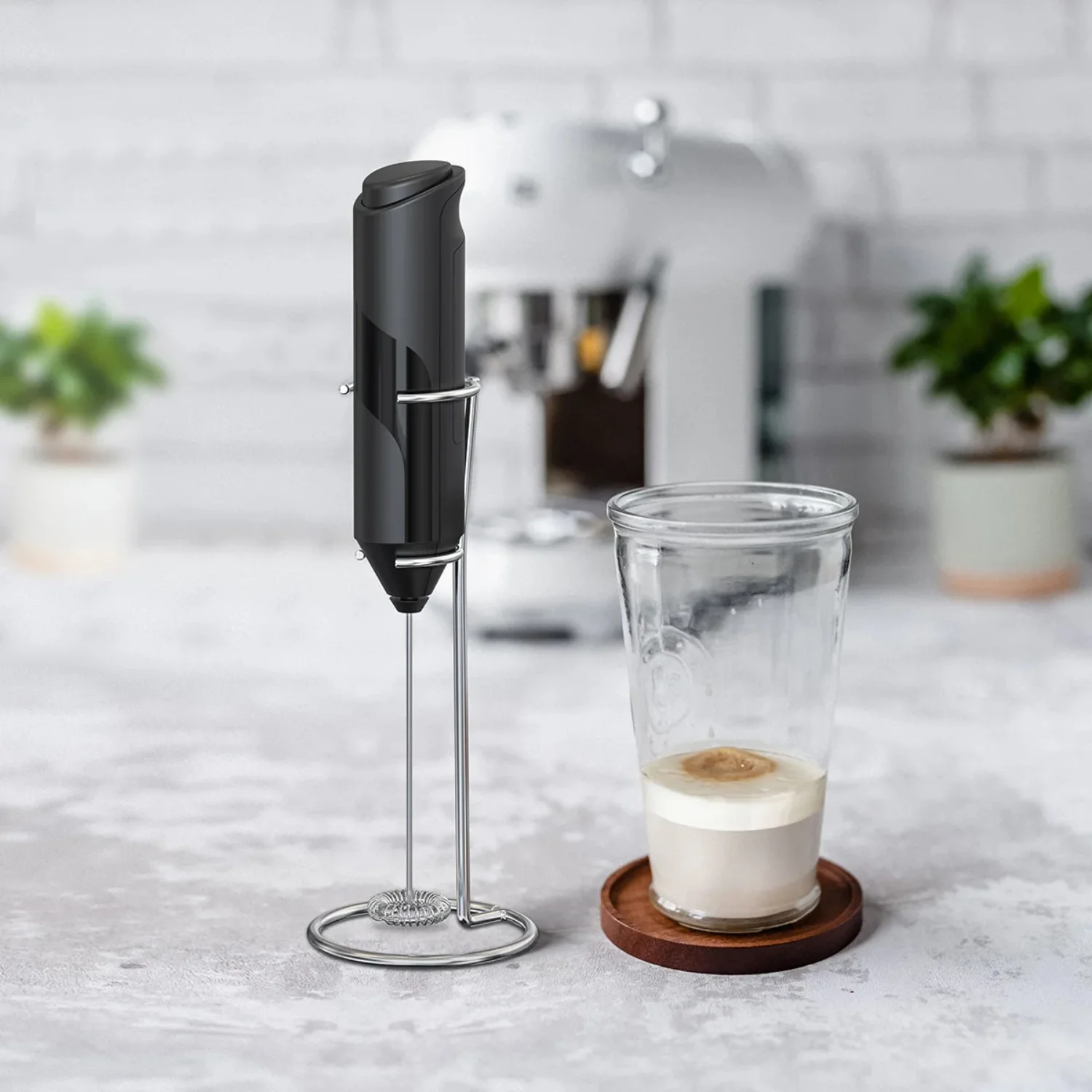 Handheld Battery Operated  Foam Maker Drink Mixer with Stainless Steel Whisk and Stand  Cappuccino Bulletproof Coffee