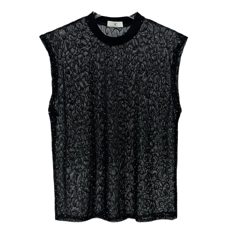 2025 Summer Mesh See-through Rhinestone Sleeveless Vest Men's Fashion Trend Loose Breathable Quick-dry Hollow T-shirt