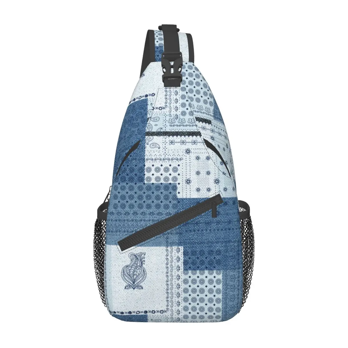 

Denim Patchwork Paisley Pattern Small Sling Bags Chest Crossbody Shoulder Backpack Outdoor Hiking Daypacks Cool School Bags