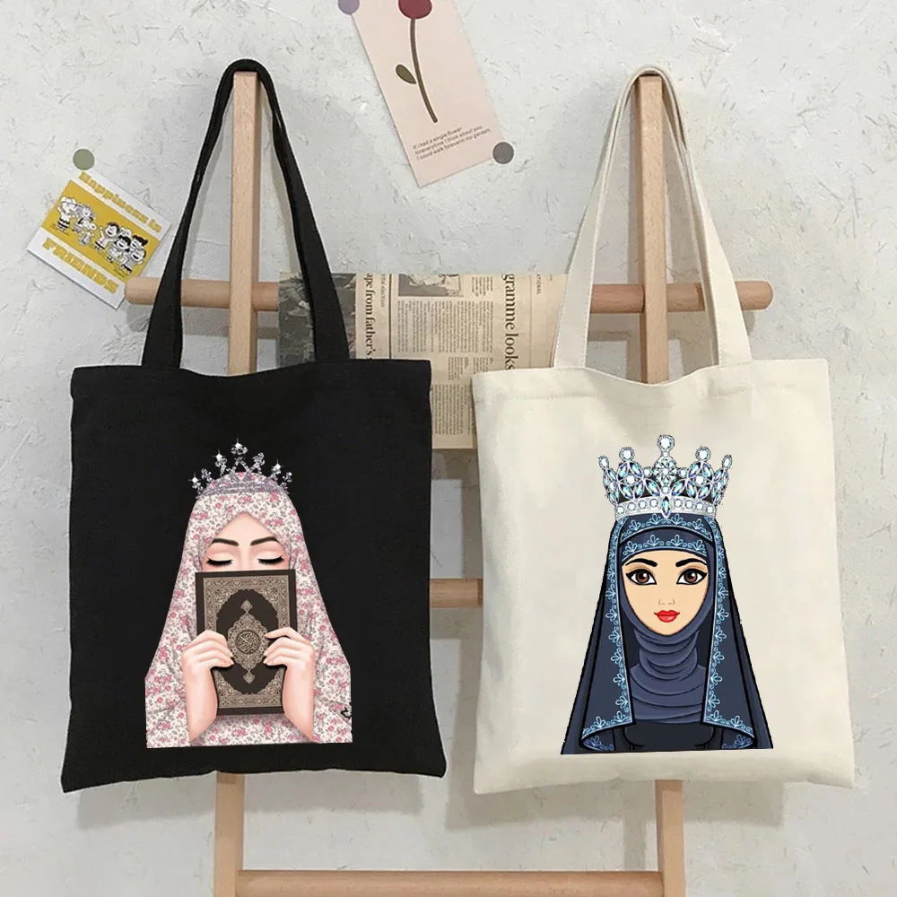 Luxury Woman Crown Hijabi Face Muslim Islamic Princess Gril Eyes Cover Canvas Shoulder Shopper Totes Bag Cotton Shopping Handbag