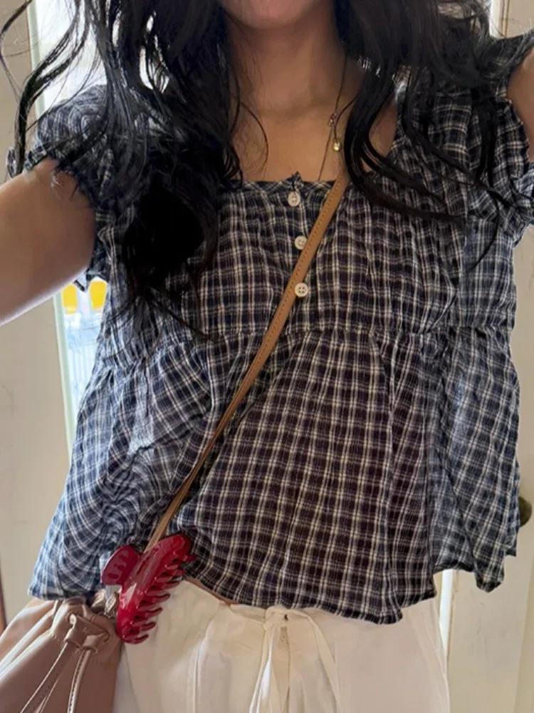 

Summer 2025 Sweet Japanese Sle Oxygen Feel Plaid Patchwork Bubble Sve ort Sve irt Women's Faion Knitted Top