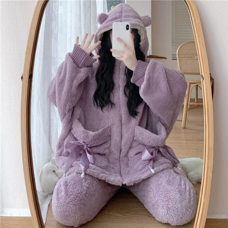 Large Size 145kg Hooded Long-sleeved Pajamas Women's Autumn Winter Loose Fat Mm200 Fleece Thickened Pajamas Home Two-piece Set