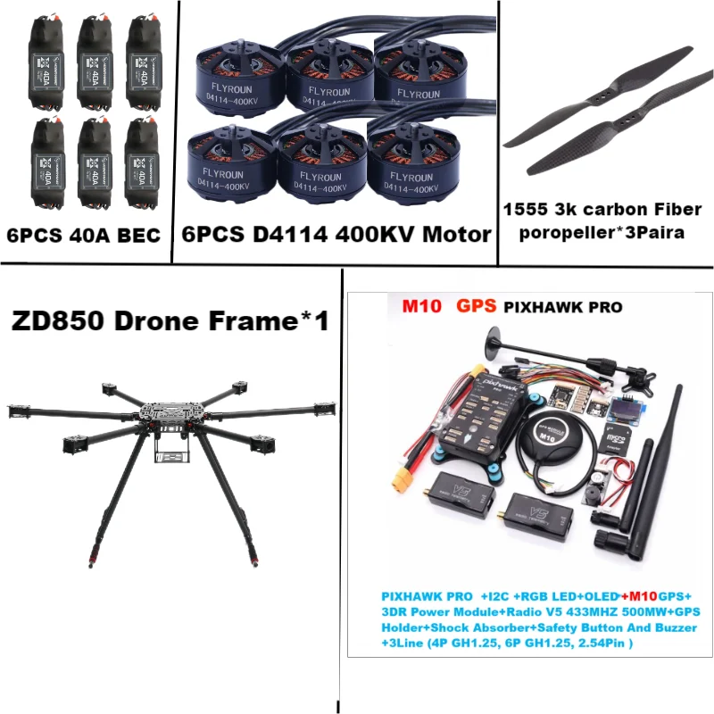 

ZD850 PIXHAWK PRO M10 Full Carbon Fiber 850mm Hexa-Rotor Frame BLHELI 40A ESC Flight Comtrol Rado Telemetry Set