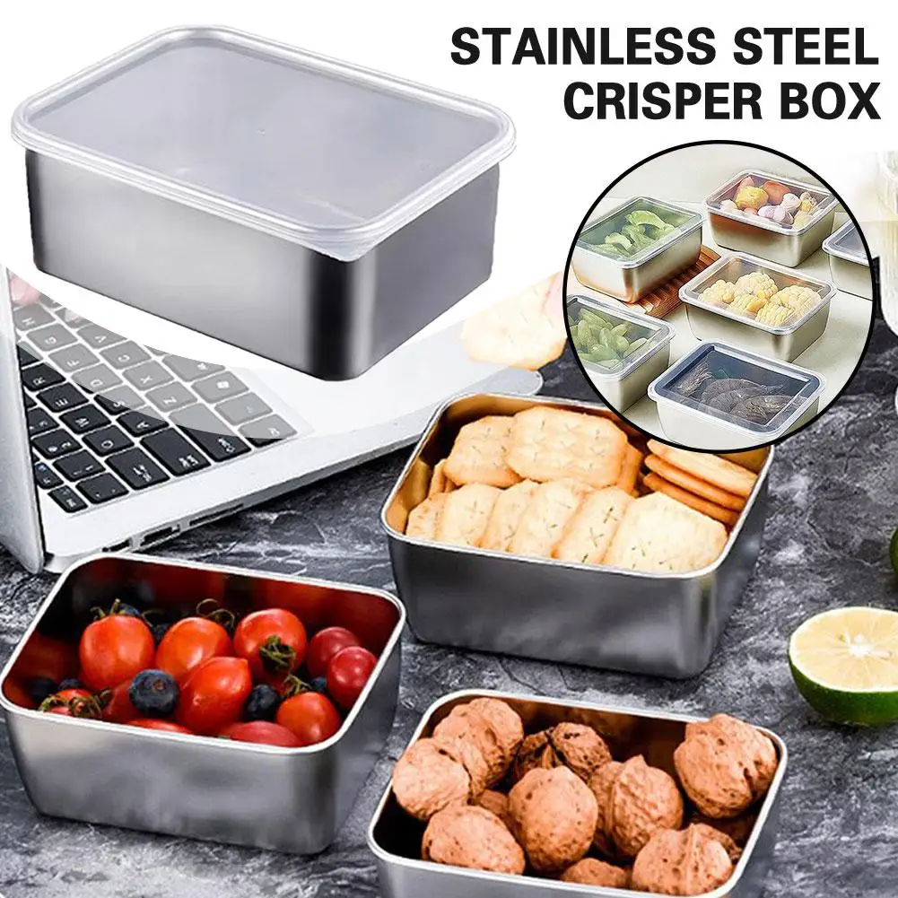 Food Grade Stainless Steel Refrigerator Storage Box Ingredients Box Container Box Freezing Freezer Sealed Food Fresh Box Cr S5C4