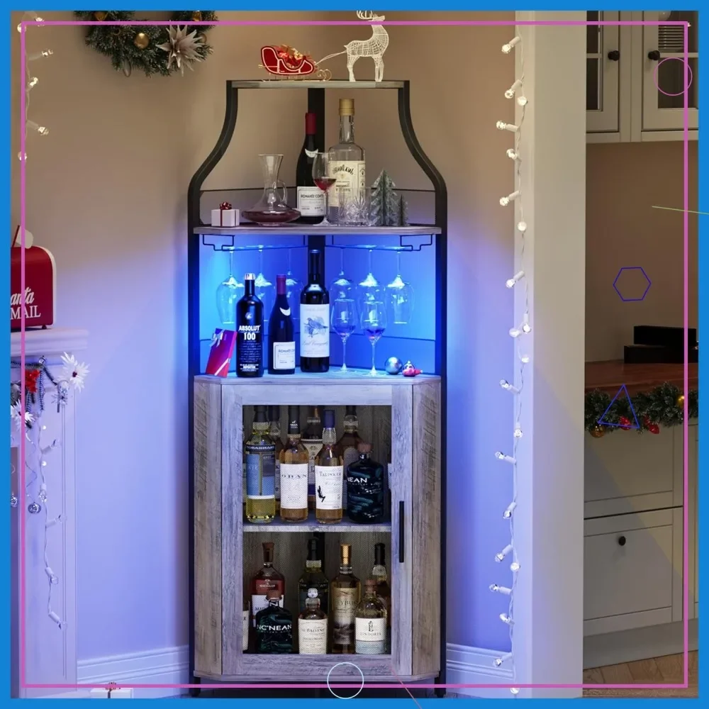 

61" Corner Bar Cabinet with LED Light, Detachable Wine Rack & Adjustable Shelves for Dining Room, Kitchen