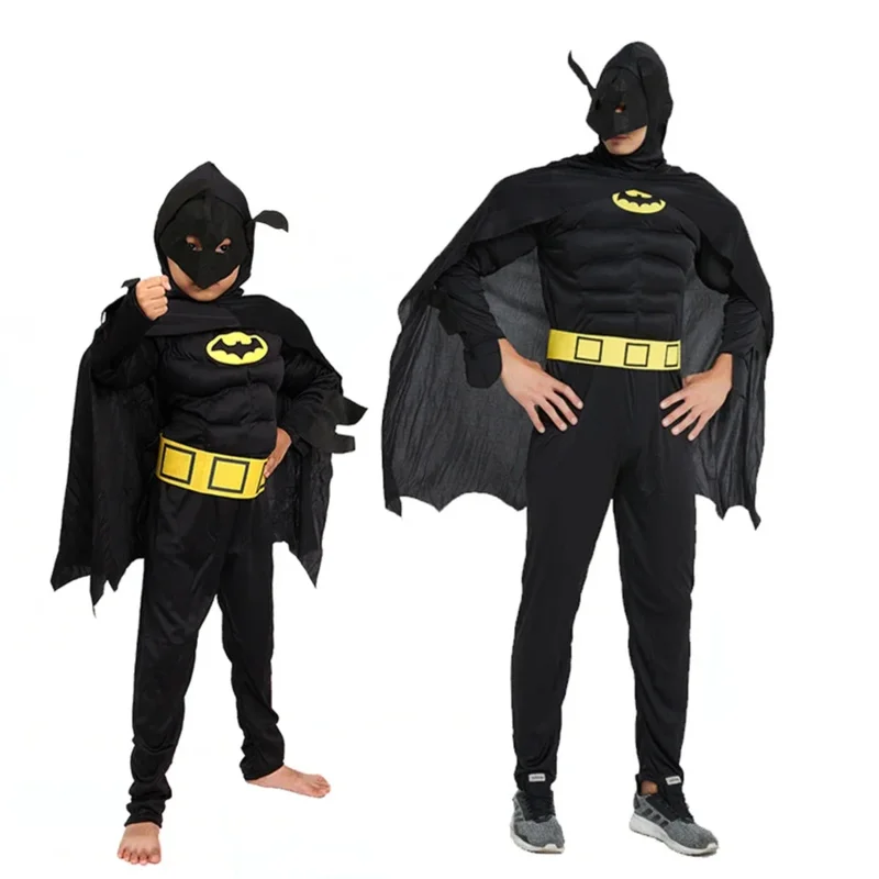 Adult Toddler Muscle Bat Cosplay Men Superhero Wayne Costume Dark Knight Classic Bat Costume Boys Men Bat Jumpsuit