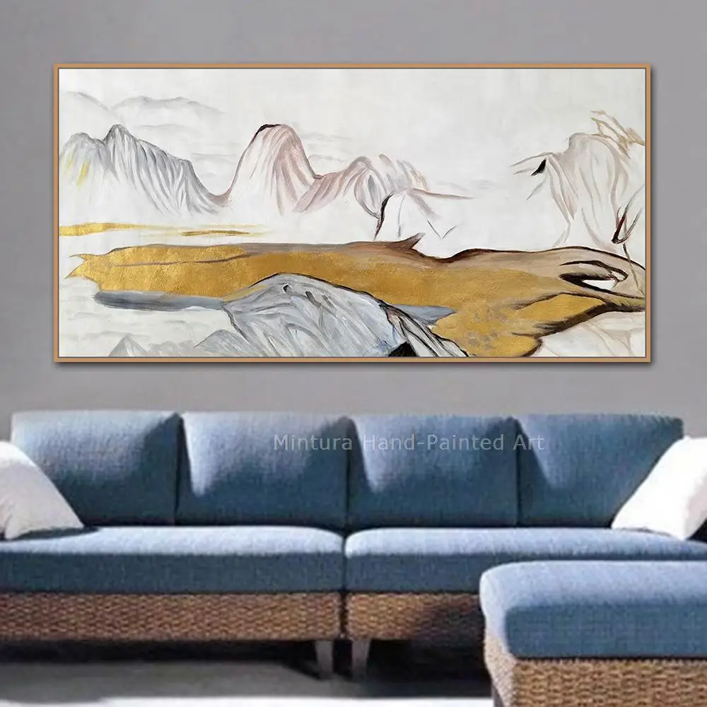 Mintur Abstract Artwork Modern Oil Painting On Canvas,Pure Hand-painted Handmade Mountains Golden River Picture Wall Art,Unframe