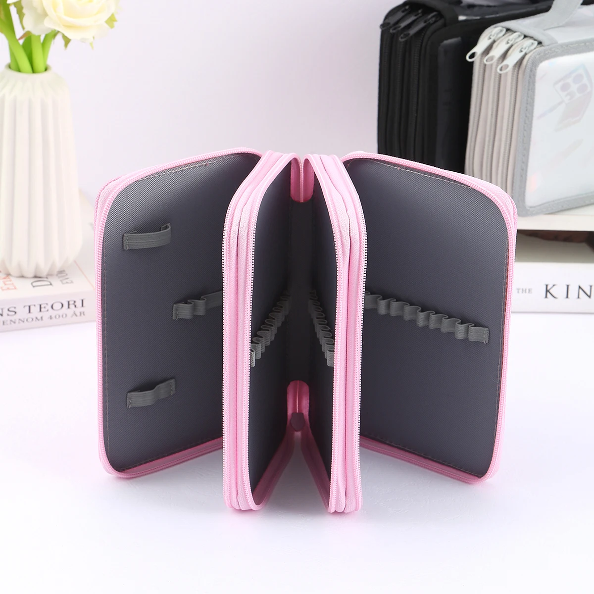 قطعة واحدة من مقلمة رائعة بسحاب ثلاثية الطبقات، حقيبة تخزين قرطاسية محمولة، تستخدم لتخزين أقلام الرصاص للفن والرسم #5