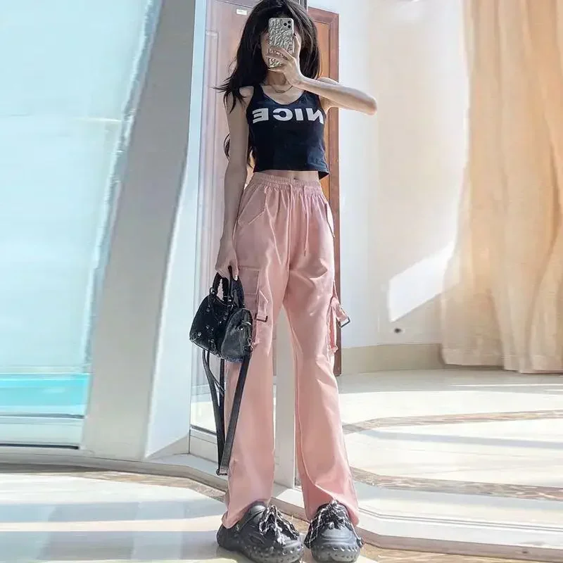 

2025 Summer New Cargo Pants for Women Korean Style Sweet High Waist Straight Tube Loose Wide Leg Pants Y2k Wide Leg Pants
