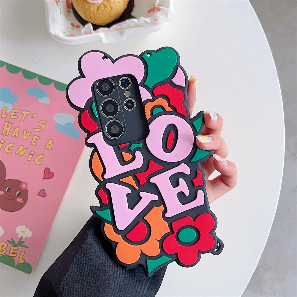 Colorful Floral Love Phone Case for S26 Ultra Wrist Chain Crossbody Strap Soft Silicone Cover for Samsung Galaxy S25 S24 S23 A57