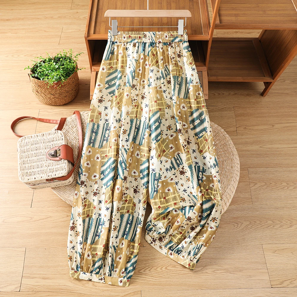 Retro Lazy Loose Fit Printed Drawstring Lantern Pants Women's Summer New Style Versatile Nine-Point Casual Pants Thin Model