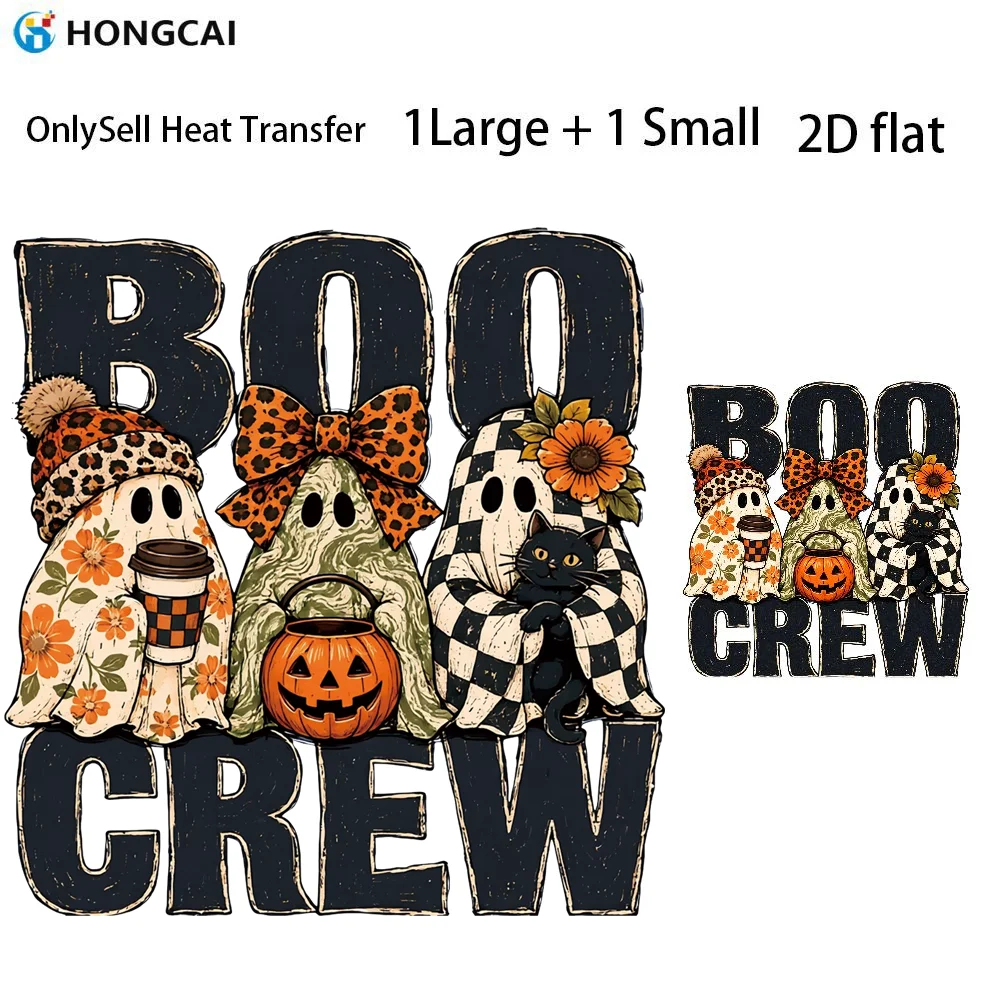 2Pcs Spooky Boo Crew HTV, Ghost Cat Pumpkin Iron-on, Easy Align Beginner Safe, Wash No Crack No Distort Cotton Canvas