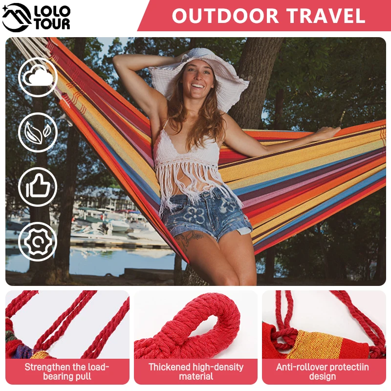 LOLOTOUR Outdoor Garden Hammock Portable  Hang BED Travel Camping Sleeping Hammock Swing Canvas Stripe 280*100cm For 1-2 Person