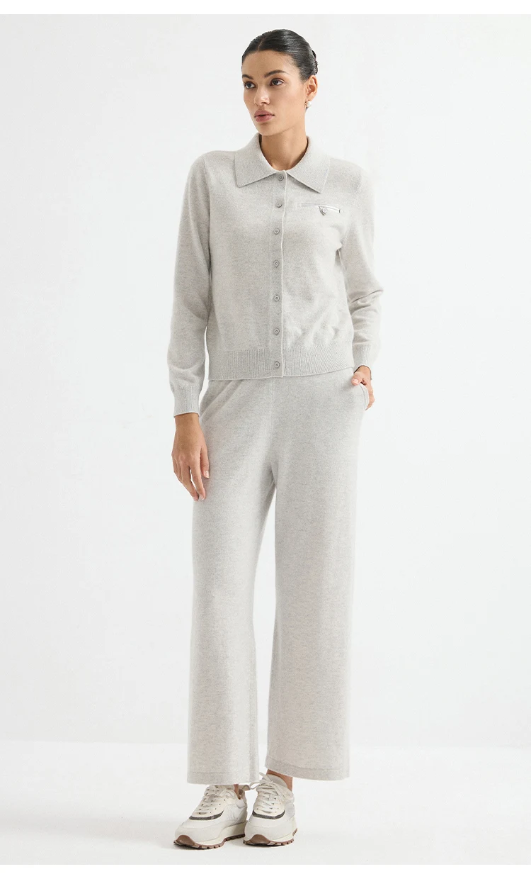 BD3621835 Damen-Cardigan aus 100% Kaschmir mit Hemdkragen, langen Ärmeln, Reißverschluss, Brusttasche, Kettenabzeichen, dezentes Old-Money-Design für den Herbst – Detail 7