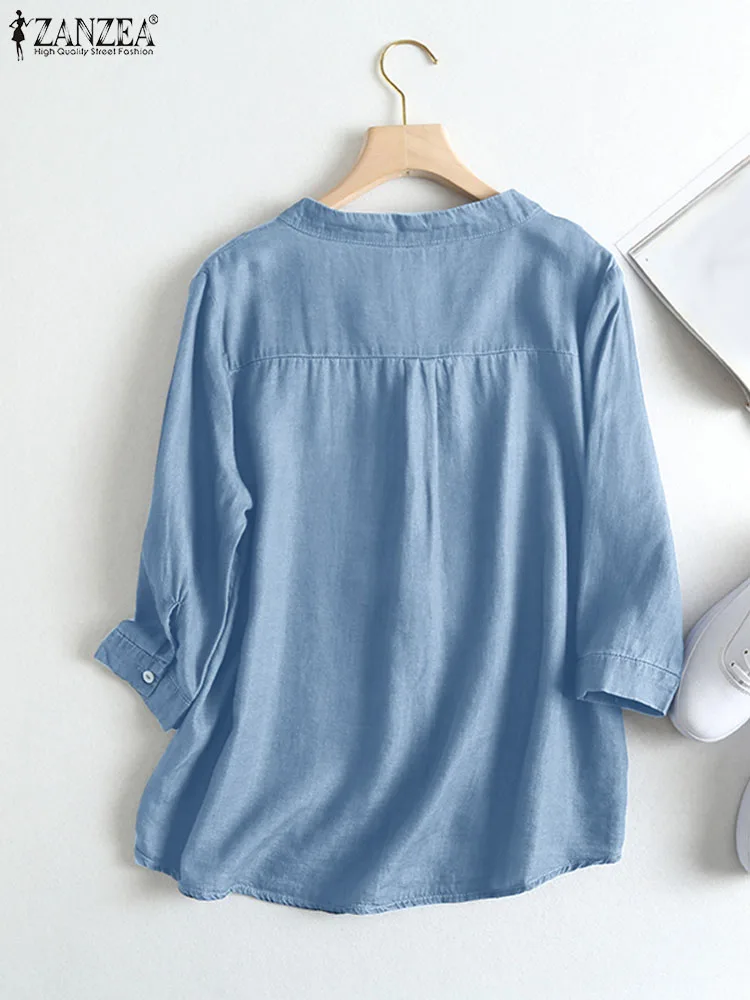 ZANZEA Fashion Summer V Neck 3/4 Sleeve Blouse Women Elegant Work Shirt Buttons Down Tops Vintage Solid Denim Blue Blusas Tunic