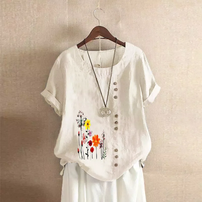 Cotton Linen Women's Shirts Summer Retro Casual Loose Short Sleeved T-shirt Ladies Round Neck Flower Print Blouse Top Feminino