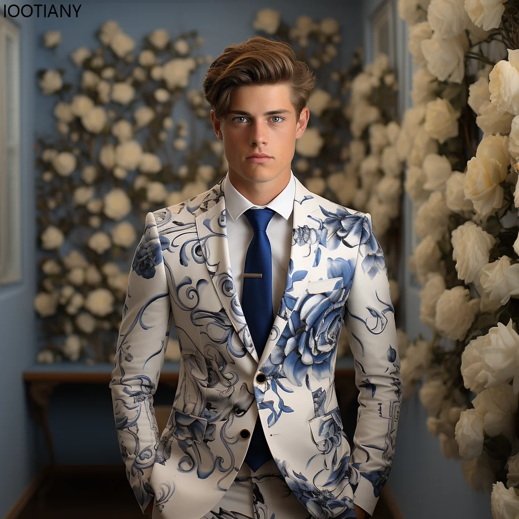 Men Floral Print Suit Jacket Colorful Jacquard Jackets Business Casual Lapel Blazer Wedding Performance Nightclub Stage Dress Up