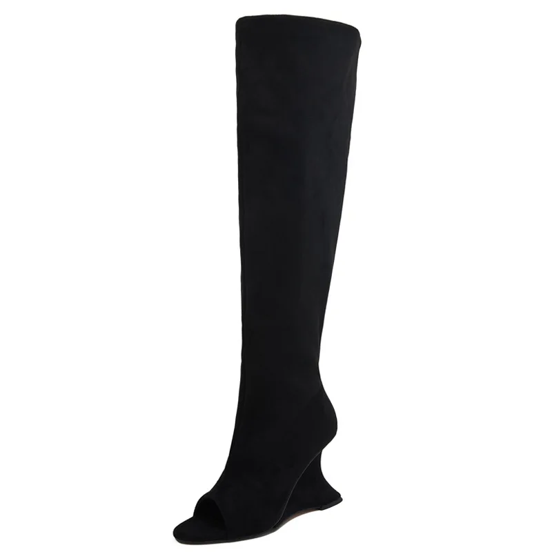 Peep Toe Suede Slouch Knee High Wedge Boots For Women Fold Over Wide-Calf Open Toe Dress Shoes