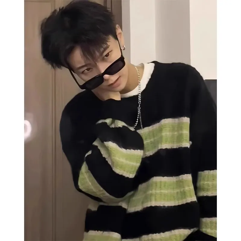 

Очень большой 300-цветной полосатый мужской свитер в американском стиле ретро, ленивый хип-хоп, модное вязаное пальто, куртка для молодежи