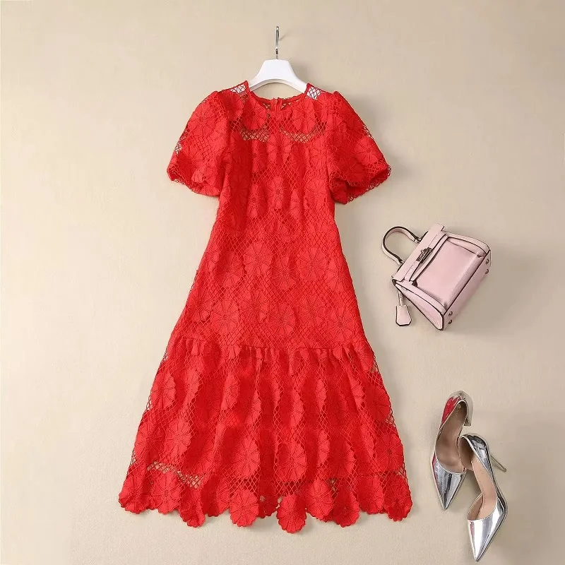 High Quality New Lace Dress 2025 Summer Party Events Women Allover Crochet Lace Embroidery Short Sleeve Elegant Red Dress XXL