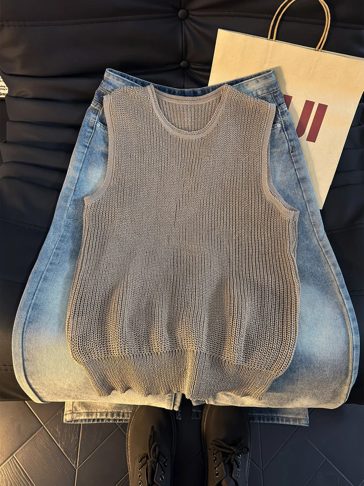Men's Breathable  Color Knitted Vest round Neck Sleeveless Tube Top Vintage Loose Fit Summer T-Shirt Casual Inner Wear