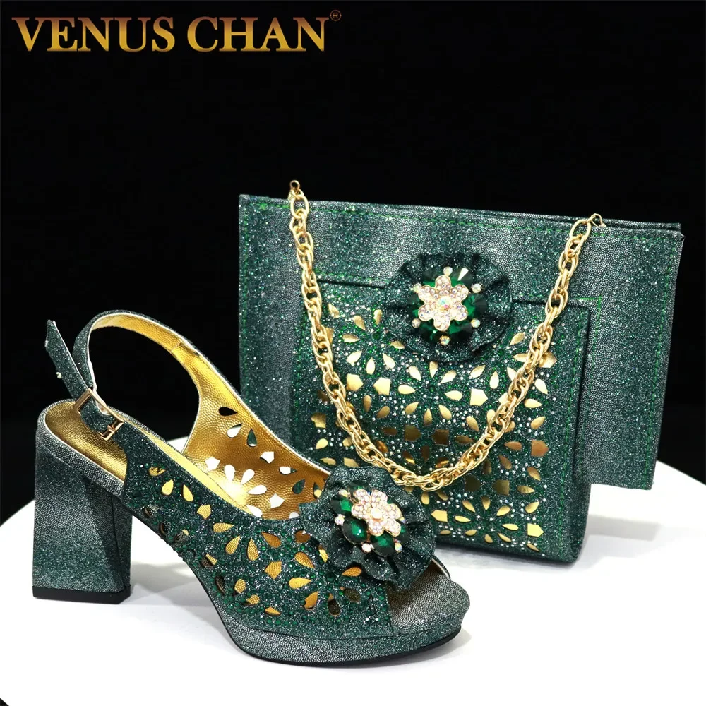 2025 Green Color Fish Beaked Toe Cap Women's High Heels Shoes and Bags for Party Rhinestone Evening Elegant Luxury Handbag