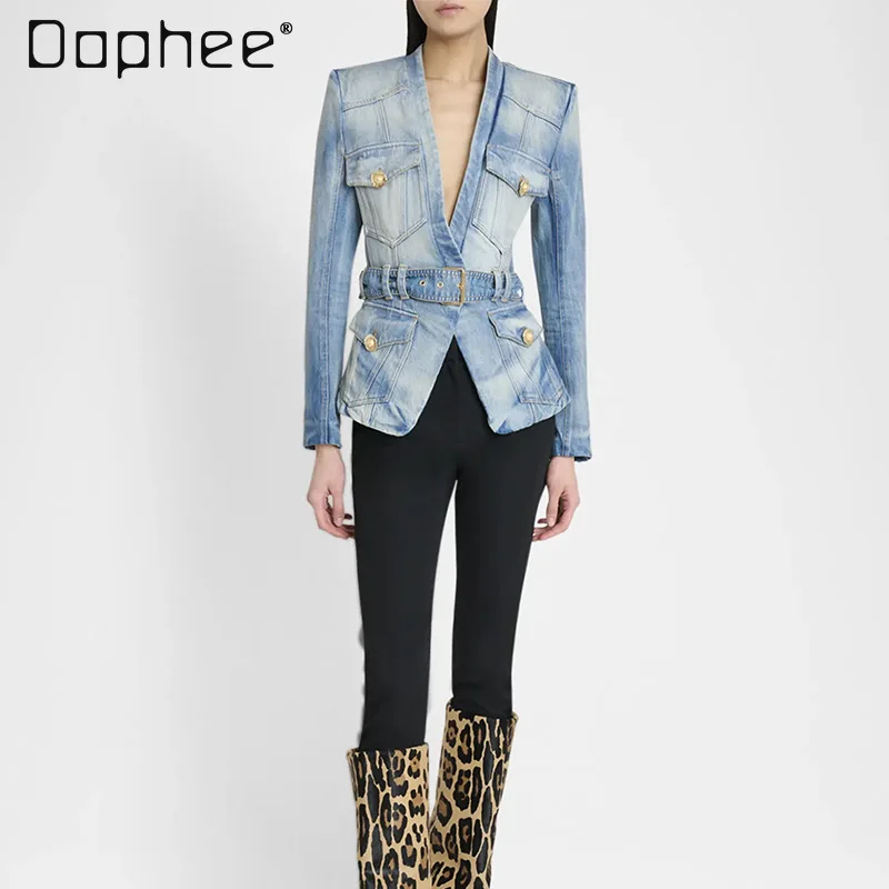2025 Herfst Nieuwe Mode Persoonlijkheid Trendy Vintage Verontruste Denim Jassen voor Vrouwen Riem Slanke Lange Mouwen Diepe V-hals Jassen