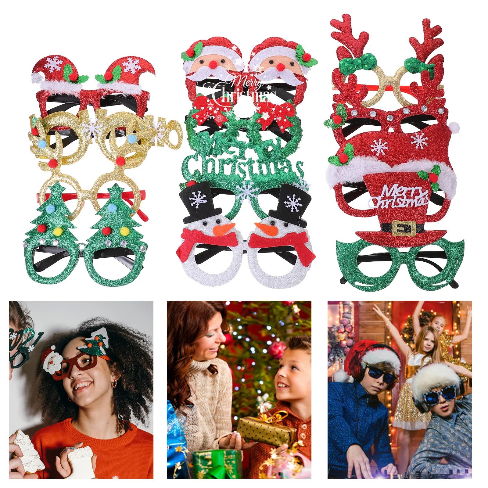 

12pcs Christmas Glasses Hat Set Xmas Party Eyewear Reusable Plastic Photo Props Holiday Cosplay Decor Festive Party Supplies